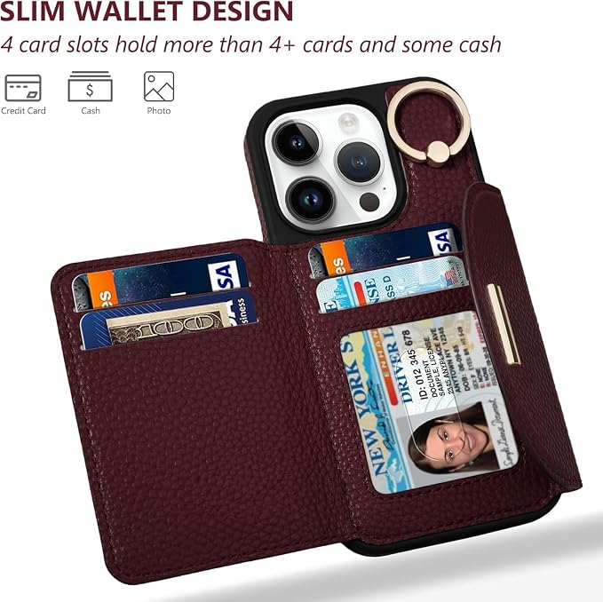 Keallce Wallet Case for iPhone 16 Pro 6.3'', Flip Case with Card Slots, Ring Holder Kickstand, PU Leather Protective Folio Cover for Women, Red