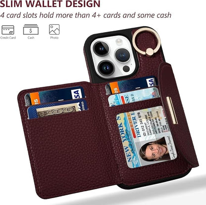 Keallce Wallet Case for iPhone 16 Pro 6.3'', Flip Case with Card Slots, Ring Holder Kickstand, PU Leather Protective Folio Cover for Women, Red