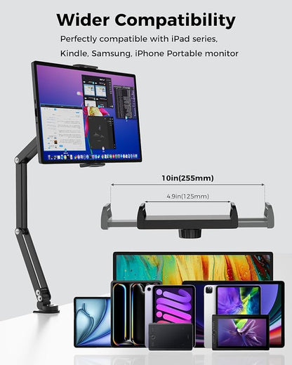 Foldable Flexible Tablet Stand Holder for Desk, 360° Adjustable iPad Arm Mount, Portable Monitor 15.6 Stand, Premium Phone Holder Compatible with iPad 13/12.9/11 Mini/10/9th, Samsung, Kindle