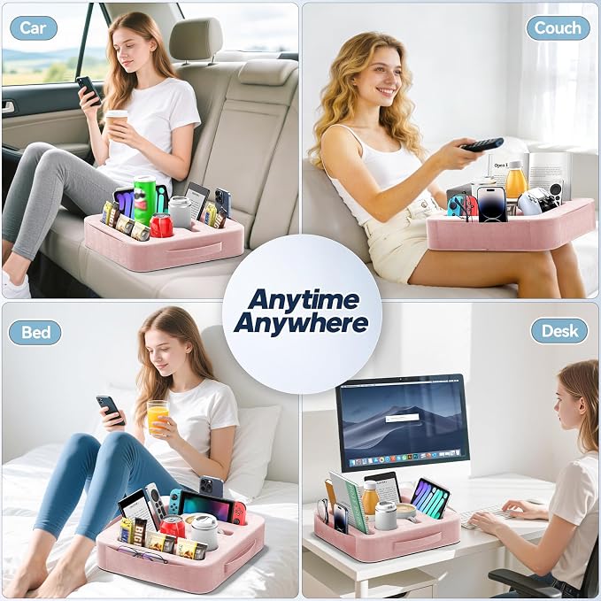 Couch Cup Holder Tray, Couch Caddy for Drink, Snack, Phone, Remote, Ipad, Game Controller, Large-Size Sofa Cup Holder for Bed, Sofa, Car, Desk, Pink