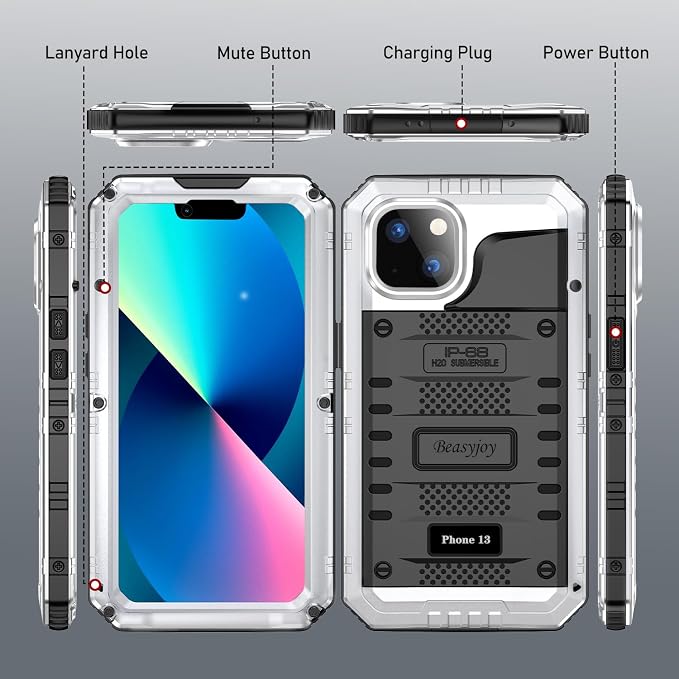 Beasyjoy for iPhone 13 Case Waterproof, Metal Phone Case with Built-in Screen Protector, Heavy Duty Full Body Protective Military Grade Shockproof Rugged Defender Cover 6.1 Inch, Silver