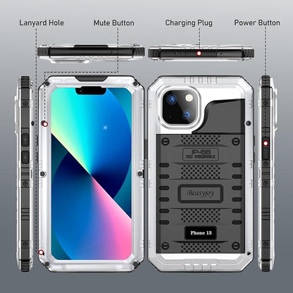 Beasyjoy for iPhone 13 Case Waterproof, Metal Phone Case with Built-in Screen Protector, Heavy Duty Full Body Protective Military Grade Shockproof Rugged Defender Cover 6.1 Inch, Silver