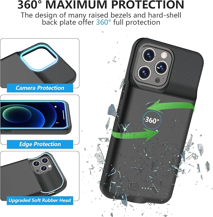ZENEE for iPhone 14/14 /13/13 Pro Battery Case，【15W Fast】 Ultra-Slim 7000mAh Portable Rechargeable Charger Case Cover for iPhone 14,14 Pro,13,13 Pro Charging Case -6.1inch，Black
