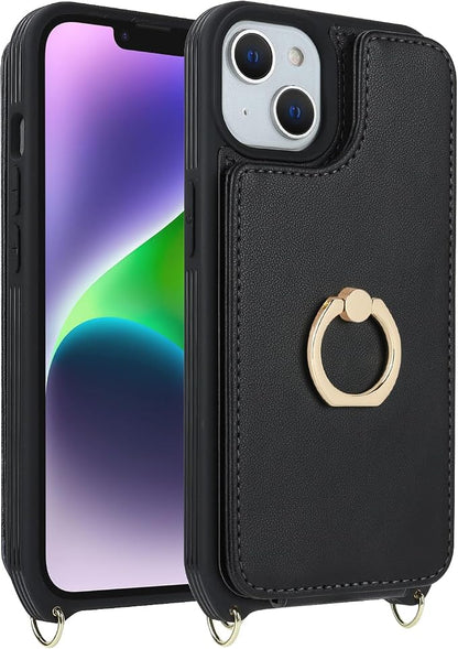 Lipvina for iPhone 14 Plus Case with Card Holder and Strap for Women,Crossbody Lanyard,RFID Blocking,Stand Ring Kickstand,Snap Clasp,Phone Wallet Cases 6.7 inch(Black)