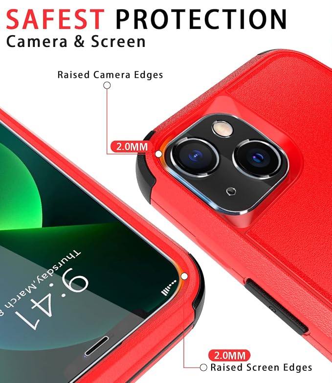 Diverbox for iPhone 13 Case [Shockproof] [Dropproof] [Tempered Glass Screen Protector + Camera Lens Protector],Heavy Duty Protection Phone Case Cover for Apple iPhone 13 (Red)
