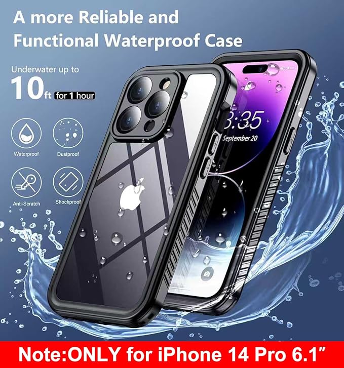 SPIDERCASE Only Designed for iPhone 14 Pro Case Waterproof,Built-in Lens & Screen Protector, Full Heavy Duty Protection,12FT Military Shockproof, Dustproof, Anti-Scratched Phone Case,Black/Clear