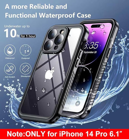 SPIDERCASE Only Designed for iPhone 14 Pro Case Waterproof,Built-in Lens & Screen Protector, Full Heavy Duty Protection,12FT Military Shockproof, Dustproof, Anti-Scratched Phone Case,Black/Clear