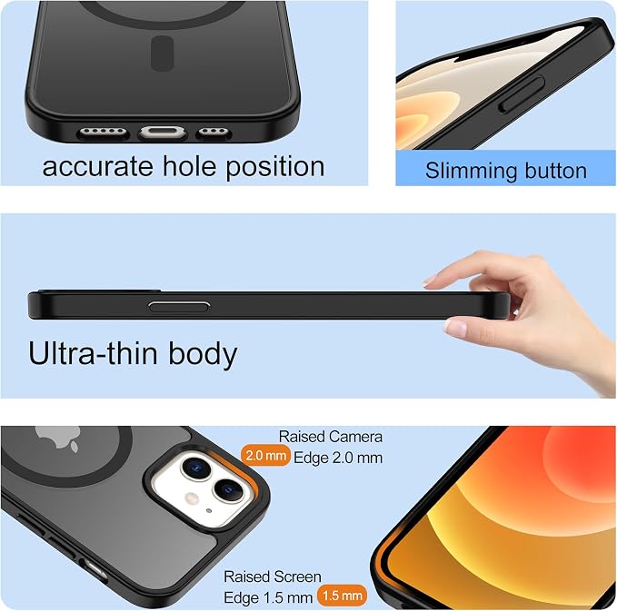 Pilaru for iPhone 12 mini Case & 13 mini Case [Compatible with Magsafe] Translucent Matte Magnetic mini Case,SlimThin Shockproof Military Grade Drop Protection Cover for 12 mini/13 mini-Black