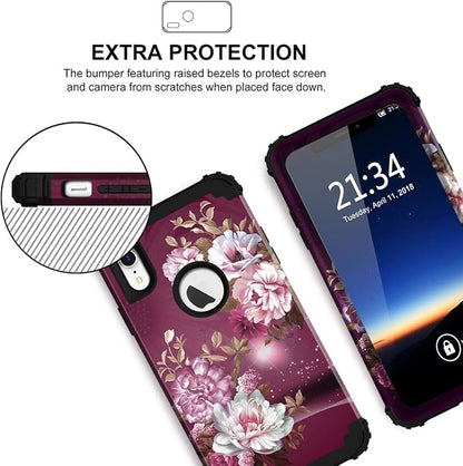 Hocase for iPhone XR Case, Heavy Duty Shockproof Protection Soft Silicone Rubber+Hard Plastic Bumper Hybrid Dual Layer Protective Case for iPhone XR (6.1-inch) 2018 - Royal Purple Flowers