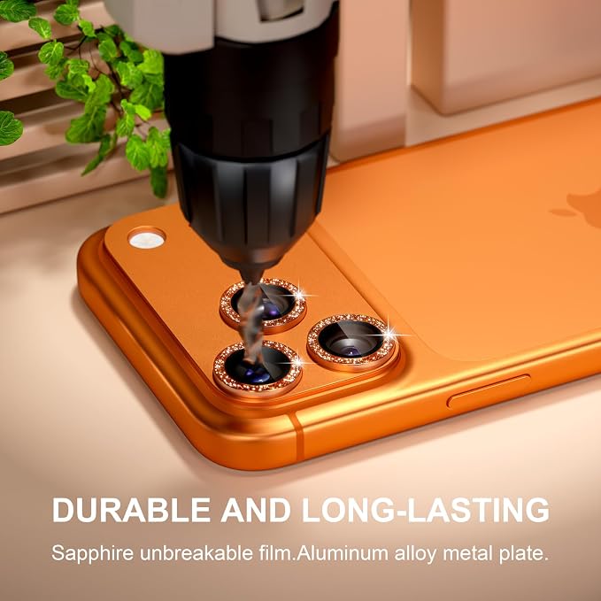 beuxece Compatible for iPhone 17 Pro Camera Lens Protector, Matte Metal Tempered Glass Rear Camera Screen Cover Accessories [Military Grade Shatterproof] [Strong Adsorption] - Glitter Orange
