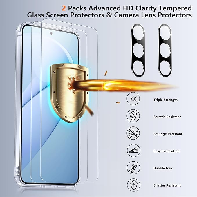 SPIDERCASE Designed for Samsung Galaxy S25 Case, [10 FT Military Grade Drop Protection], 2 Pack [Tempered Glass Screen Protector+Camera Lens Protector] Heavy Duty Shockproof Case,Clear