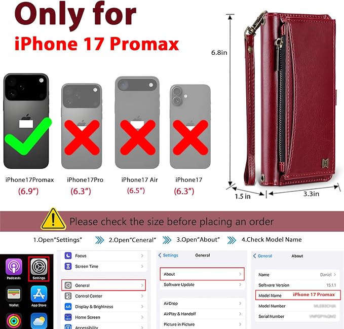 Wallet Case for iPhone 17 Pro Max with Card Holder/Crossbody Wallet/Strap,[RFID Blocking][Magnetic] PU Leather Phone Case for iPhone 17 Pro Max,6.9 in,Wine Red