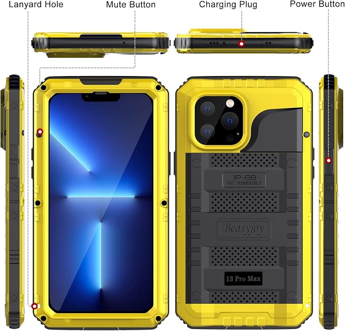 Beasyjoy Waterproof Case for iPhone 13 Pro Max, Built in Screen Protector Metal Full Body Defender Case, Military Grade Rugged Heavy Duty Shockproof Armor Tough Phone Case 6.7'' (Yellow)