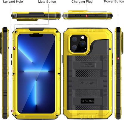 Beasyjoy Waterproof Case for iPhone 13 Pro Max, Built in Screen Protector Metal Full Body Defender Case, Military Grade Rugged Heavy Duty Shockproof Armor Tough Phone Case 6.7'' (Yellow)