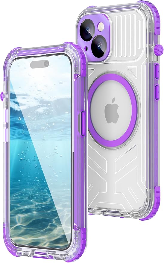 WIFORT for iPhone 15 Waterproof Case, [IP68 Underwater Dustproof][Built-in Screen][15FT Military Shockproof], 360 Full Body Sealed Protection Cover Magnetic Frosted Phone Case, 6.1" Purple