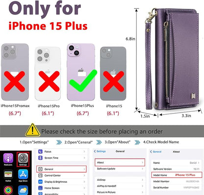 Wallet Case for iPhone 15 Plus with Card Holder/Crossbody Wallet/Strap| RFID Blocking | Magnetic | Kickstand | Detachable | PU Leather Phone Case for iPhone 15 Plus,6.7 in,Purple