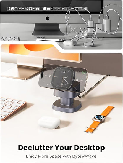 ByteWave 3-in-1 Charging Station for Apple, iPhone MagSafe Charger with 3-Color Light, 15W Max Foldable Wireless Fast Charging for iPhone 17/16/15/14/13/12, Apple Watch, AirPods, Home&Travel Friendly