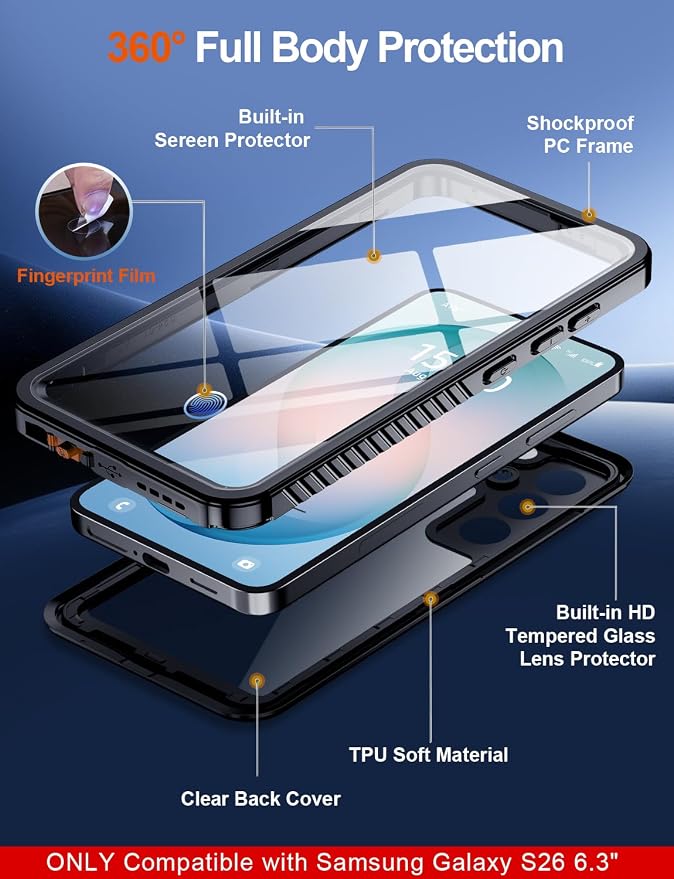 MOZOTER Designed for Samsung Galaxy S26 Case Waterproof, Military Shockproof Full Body Cover with Built-in Screen & Lens Protector, IP68 Underwater Protection for S26 6.3" Black