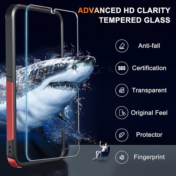 RMOCR Case for Samsung Galaxy S25 Edge, Full Body Heavy Duty Rugged Shockproof Protective Phone Cover with Lanyard Strap, Tempered Glass Screen Protector and Camera Lens Cover, Red