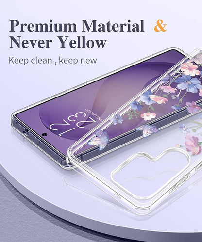 GVIEWIN for Samsung Galaxy S26 Ultra Case, Clear Floral Slim Shockproof Protective Women Phone Case, Non-Yellowing, with Screen Protector & Camera Lens Protector for S26 Ultra 6.9", Bloomwing/Blue