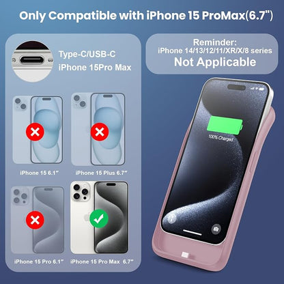 Battery Case for iPhone 15Pro Max, Upgrade 8600mah Portable Slim Battery Charging Case, 15W Fast Charging Rechargeable Protective Extended Charger Cover for iPhone 15 Pro Max (6.7 inch)-Pink