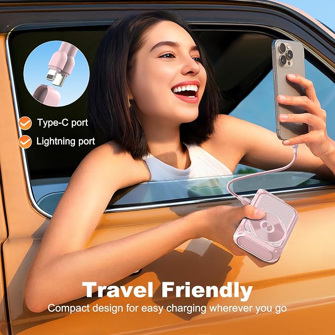 SEANCHEER P05 Portable Charger, Magnetic Power Bank, Small PowerBank, Battery Pack10000mAh Travel Essentials Fast Charging with Built in Cable, Foldable Wall Plug for iPhone,Samsung,Andriod (Pink)