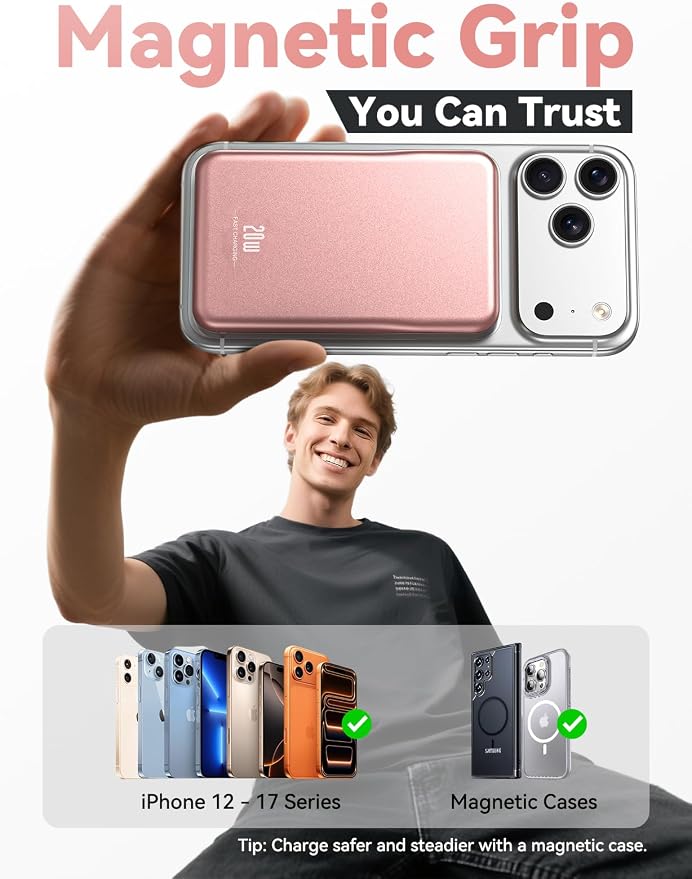 Magnetic Portable Charger, 10000mAh for Magsafe Battery Pack, 20W Fast Charging Power Bank, Travel Essential of Wireless Charger Compatible with iPhone 17/16/15/14/13 Pro/Max/Air/Plus-Rosegold