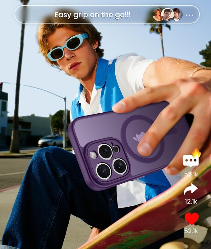 FNTCASE for iPhone 16 Pro Max Case: [Compatible with Magsafe] Translucent Matte Cases with [Full Camera Protection] [Screen Protector] Military Grade Shockproof Protective Phone Cover - Purple