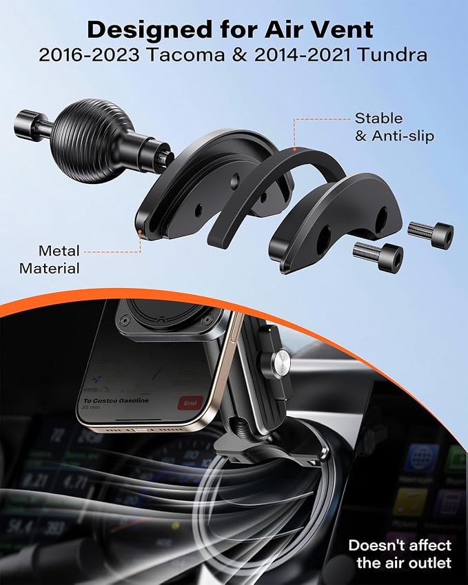 APPS2Car Magnetic Car Mount for Tacoma 2016-2023 & 2014-2021Tundra, Air Vent Phone Holder Compatible with iPhone 12-17 Series & MagSafe Case, 25N Magnetic Force, Metal 20mm Ball Socket Arm