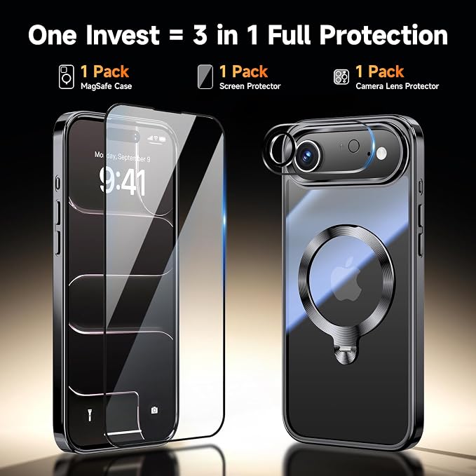 [Tri-Shield Protection] for iPhone Air Case with 360° Spin Stand Compatible with MagSafe [Magnetic CD Ring] [Screen & Camera Lens Protector] Shockproof Plating Never-Yellowing, Black-6.5"