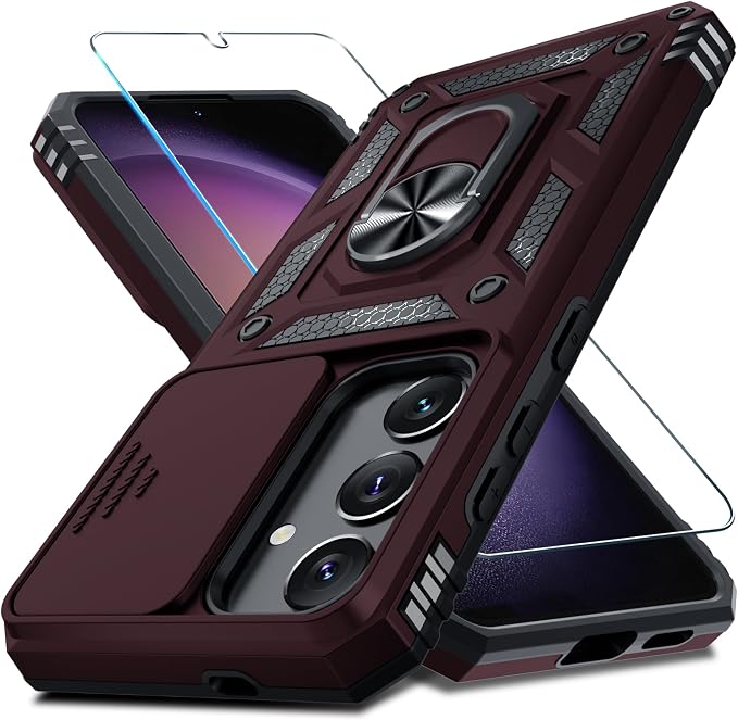 Janmitta Compatible with Samsung Galaxy S25 Plus/S24 Plus Case Built in Slide Camera Lens Cover+Screen Protector+Finger Ring Holder Kickstand,Heavy Duty Shockproof Full Body Phone Cover,Wine Red