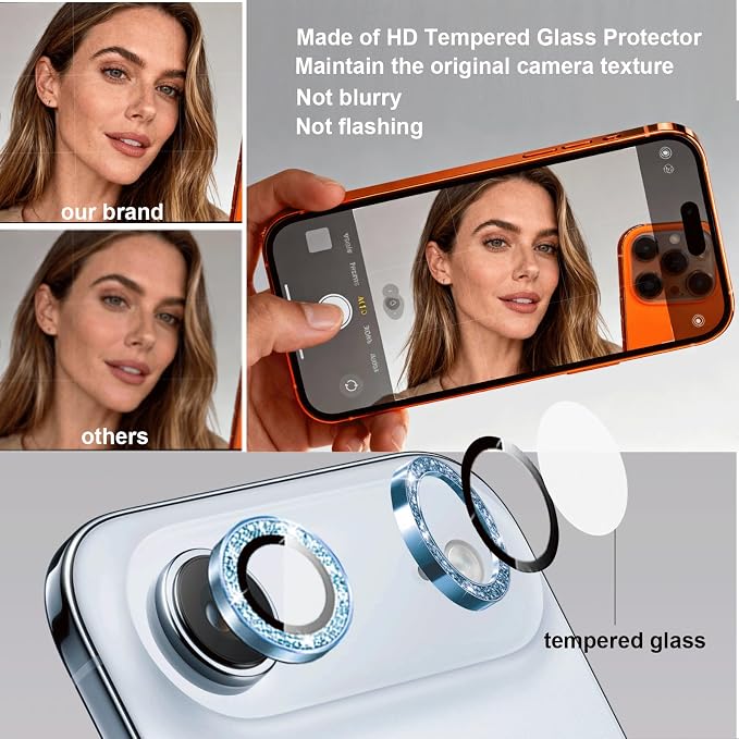 Compatible for iPhone Air Camera Lens Protector Bling, Cute Sparkle Glitter Camera Cover for Women, Individual Ring, Anti-Scratch 2 Pack Protectors for 17 Air (1 Rugular Use + 1 Extra), Light Blue