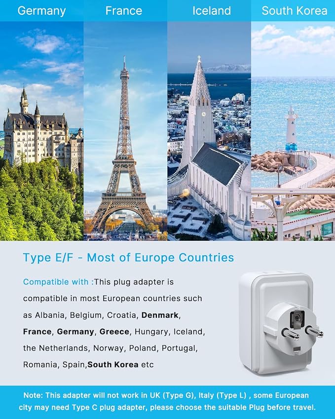 2 Pack Type E F Plug Adapter, VINTAR Germany France Travel Plug Adapter with 3 USB Ports(2 USB C) and 2 Outlets, 5 in 1 Schuko Type F Power Adapter for US to Europe EU Spain Korea Greece Iceland