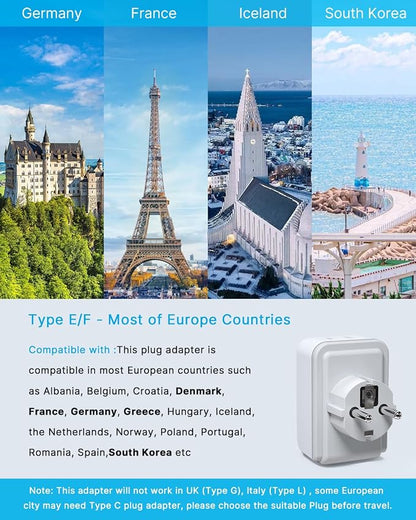 2 Pack Type E F Plug Adapter, VINTAR Germany France Travel Plug Adapter with 3 USB Ports(2 USB C) and 2 Outlets, 5 in 1 Schuko Type F Power Adapter for US to Europe EU Spain Korea Greece Iceland