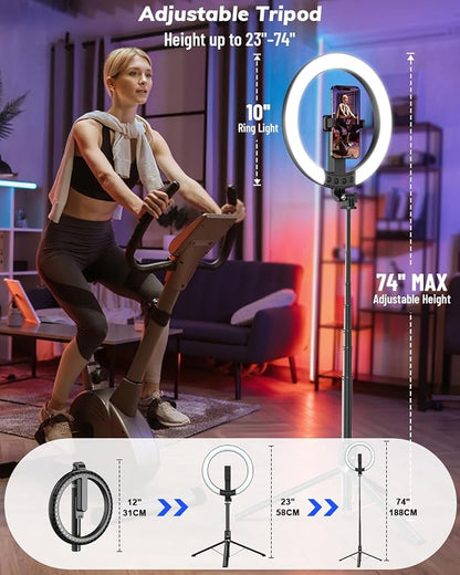 Vlogging Kit for iPhone/Android - 10" Selfie Ring Light with 74" Tripod Stand & Phone Holder, Tripod for iPhone with Light and Microphone, YouTube Starter Kit for TikTok/Makeup/Content Creator