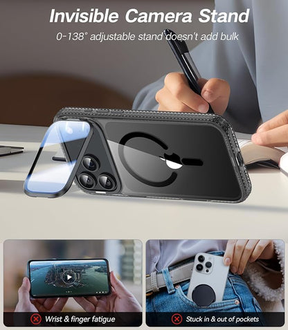 [Upgraded Full Camera Protection] for iPhone 17 Pro Max Case with Camera Cover Stand [Fit for MagSafe][10FT Mil-Grade Protection] Transparent Magnetic iPhone 17 Pro Max Phone Case, Clear Black