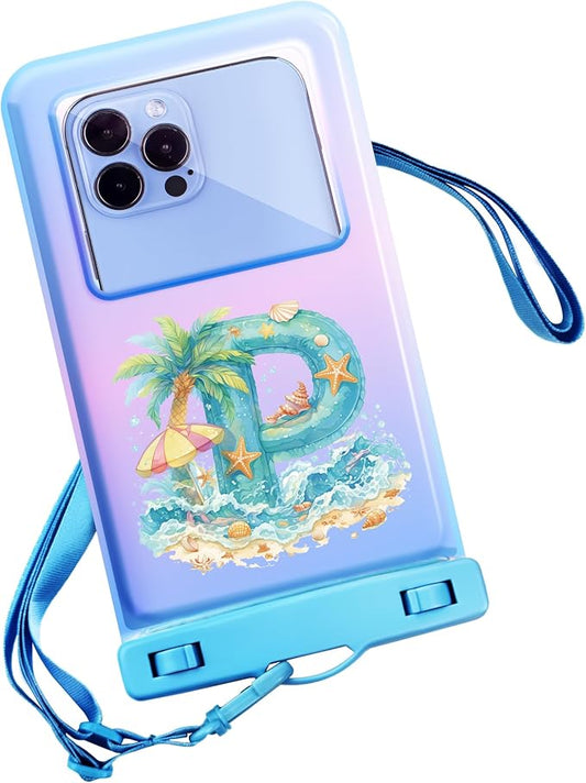 Personalized Initial Waterproof Phone Pouch Case - IPX8 Cellphone Dry Bag with Lanyard for iPhone 16/15/14/13/12 Pro Max (6.1–6.9"), Beach & Cruise Ship Essentials with Monogrammed Design (Blue, P)