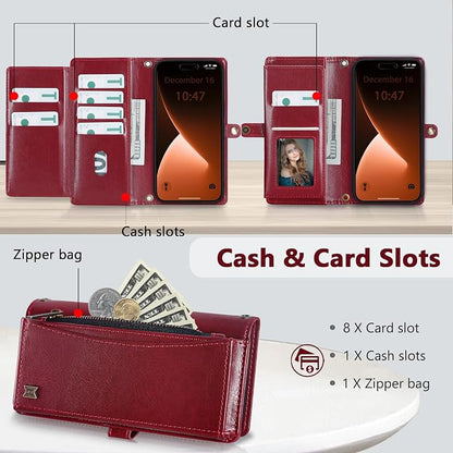 Wallet Case for iPhone 15 Pro with Card Holder/Crossbody Wallet/Strap| RFID Blocking | Magnetic | Kickstand | Detachable | PU Leather Phone Case for iPhone 15 Pro,6.1 in,Wine Red