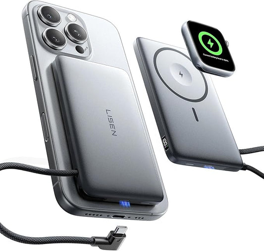 LISEN Ultra Slim MagSafe Battery Pack,10000mAh Fast Charging MagSafe Power Bank Slim Wireless,Slim Magnetic Portable Charger,Magnetic Power Bank for iPhone 17/16/15,Apple Watch Series 11 10 9，Grey