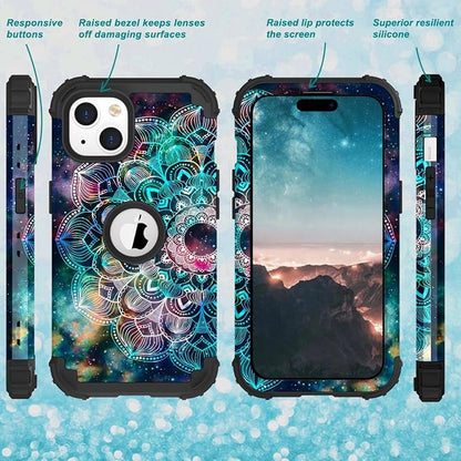 Hocase for iPhone 15 Plus Case, Heavy Duty Shockproof Protection Soft Silicone Rubber Bumper+Hard Plastic Hybrid Protective Case for iPhone 15 Plus 6.7" 2023 - Mandala in Galaxy