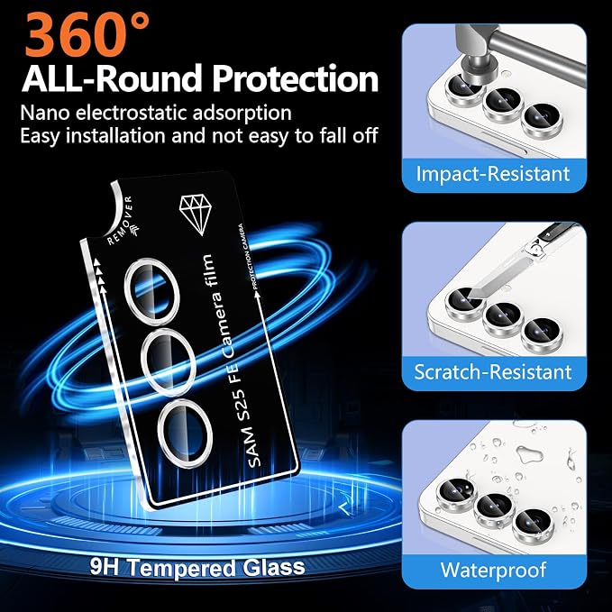 for Samsung Galaxy S25 FE Camera Lens Protector, Electroplated Matte Back with 9H Tempered Glass Lens Protector, [Strong Adsorption] [Case-Friendly] Metal Ring HD Clear Lens Cover, SliveryRing