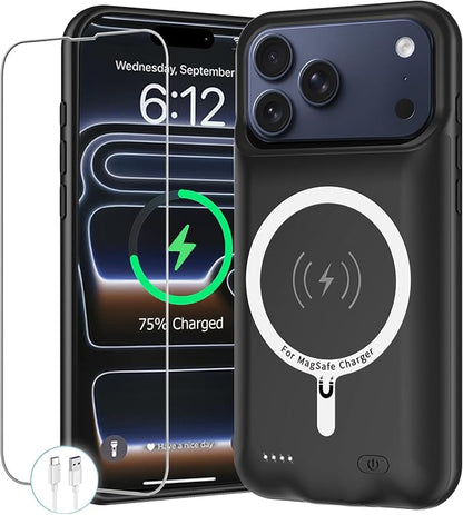 Battery Case for iPhone 17 Pro , 10000mAh Protective Charging Case with Wireless Charging Compatible with iPhone 17 Pro (6.3 inch) Rechargeable Extended Battery Pack Charger Case with Carplay (Black)