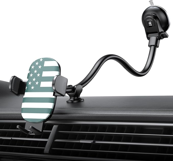 OQTIQ Phone Mount for Car [Gooseneck 13" Long Arm] Car Phone Holder for Dashboard, Windshield, Strong Suction Cup Cell Phone Holder for Car Truck (Patriotic Flag)