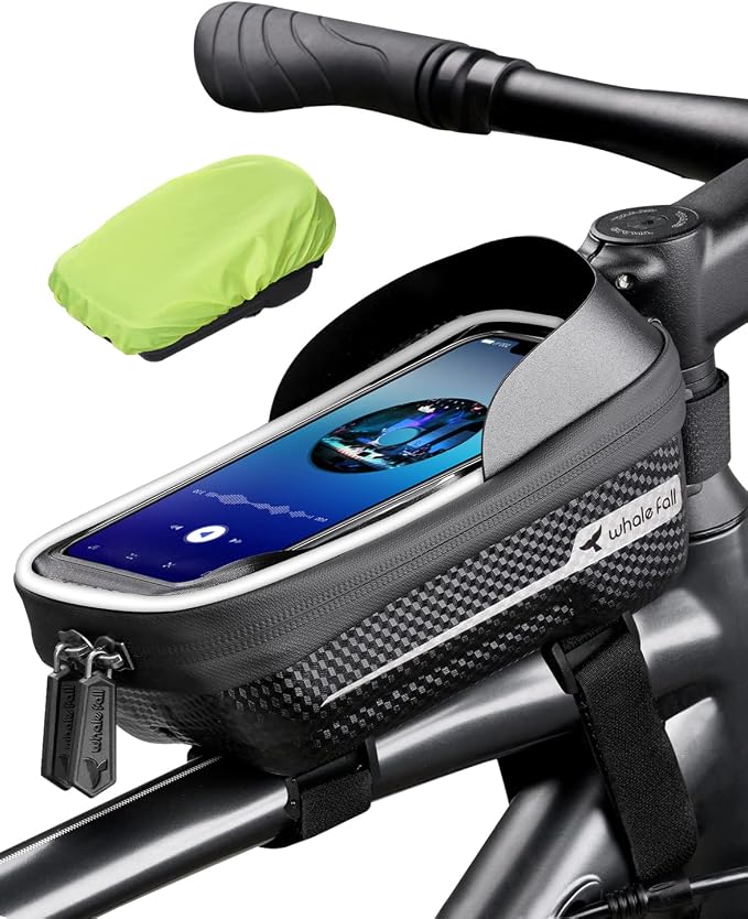 whale fall Hard Casing Bike Bag, Bike Accessories for Adult Bikes, Gifts for Men, Mens Gifts for Birthday,Bicycle Enthusiasts,Sturdy/Lighter/Waterproof, 4” - 7” Cellphone, Black-Reflective Strip