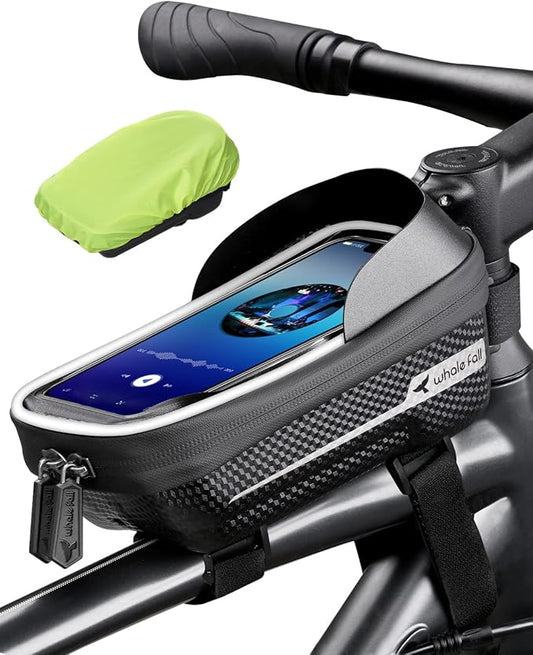 whale fall Hard Casing Bike Bag, Bike Accessories for Adult Bikes, Gifts for Men, Mens Gifts for Birthday,Bicycle Enthusiasts,Sturdy/Lighter/Waterproof, 4” - 7” Cellphone, Black-Reflective Strip