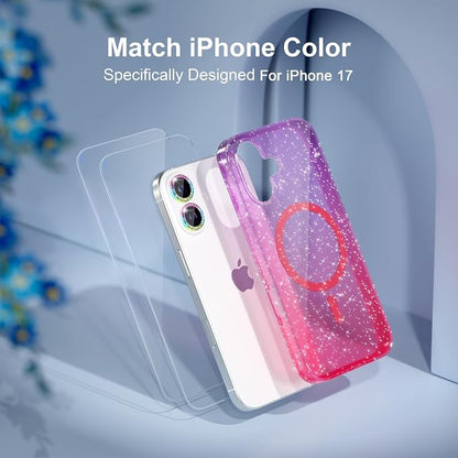 Choiche Magnetic for iPhone 17 Case Compatible with MagSafe, Women Cute Glitter Sparkly Phone Case with Diamond Camera Lens Protectors, Military-Grade Drop Protection 6.3" (Purple/Pink)