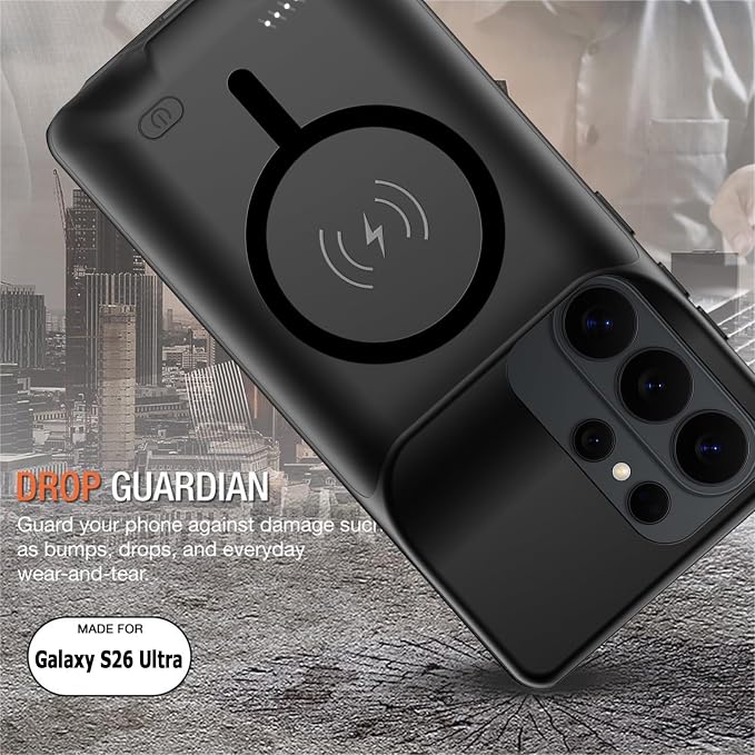 Wireless Charging Case for Galaxy S26 Ultra, Upgraded 12000mAh Rechargeable Portable Charging Case Compatible with Galaxy S26 Ultra (6.9 inch) with Carplay Extended Battery Pack Charger Case (Black)