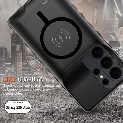 Wireless Charging Case for Galaxy S26 Ultra, Upgraded 12000mAh Rechargeable Portable Charging Case Compatible with Galaxy S26 Ultra (6.9 inch) with Carplay Extended Battery Pack Charger Case (Black)