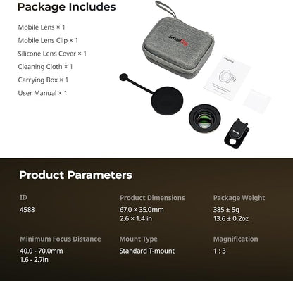 SMALLRIG 75mm HD Master Macro Lens, T-Mount Lens for iPhone, for Samsung, for Huawei, for Xiaomi, Macro Photography Phone Camera Lens Attachment - 4588