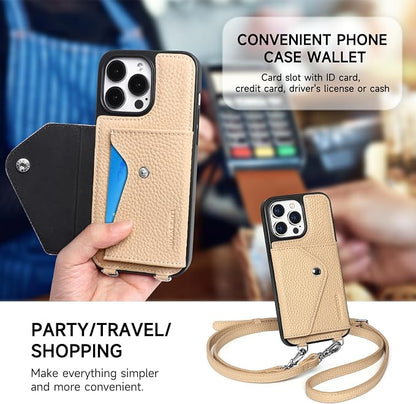 LUCKYCOIN for iPhone 14 Pro Max Crossbody Wallet Case – Genuine Leather Phone Purse with Adjustable Strap and Card Holder,Lanyard Phone Purse Case for Women,Pebble Grain Beige